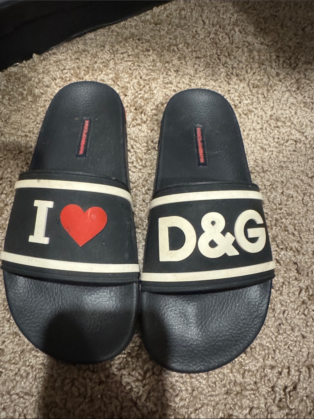 D&G women Black Slides with Red Heart and Cream Logo Trim